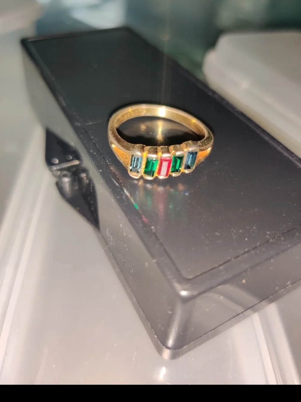 Gold Multi-Stone Baguette Ring - Green & Pink Accent